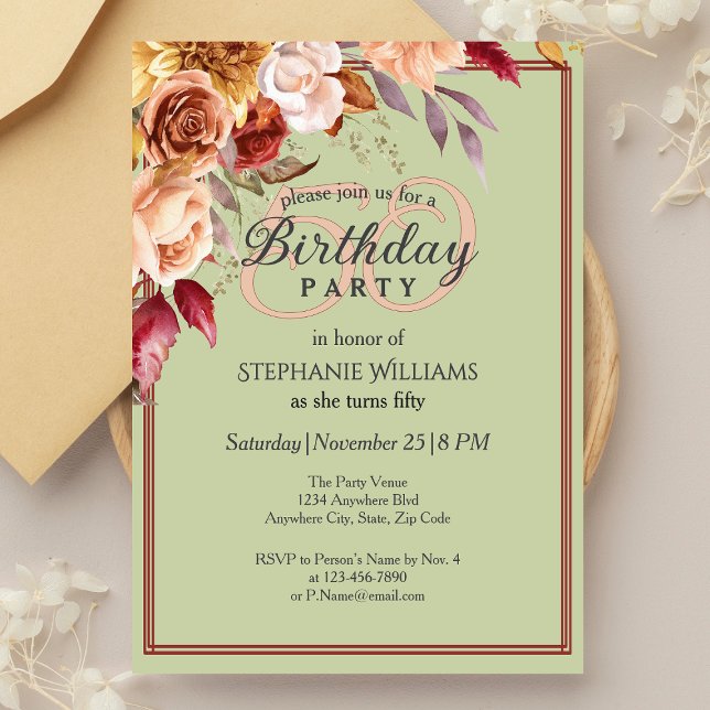 Invitation Elégante Pastel Autumn Flower 50th Birthday Party (Créateur téléchargé)