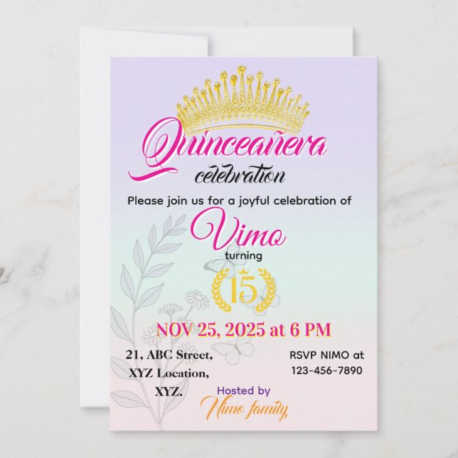 Invitation élégante pastel botanique pour Quinceañ (Devant)