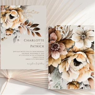 Invitation Elégante Peach Grey Aquarelle Brown Florale Mariag