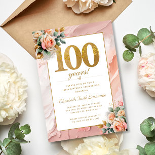 Invitation Elégante Peach Or rose Floral 100e anniversaire