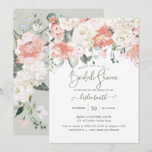 Invitation Elégante Peach Peonies Crème Roses Fête des mariée