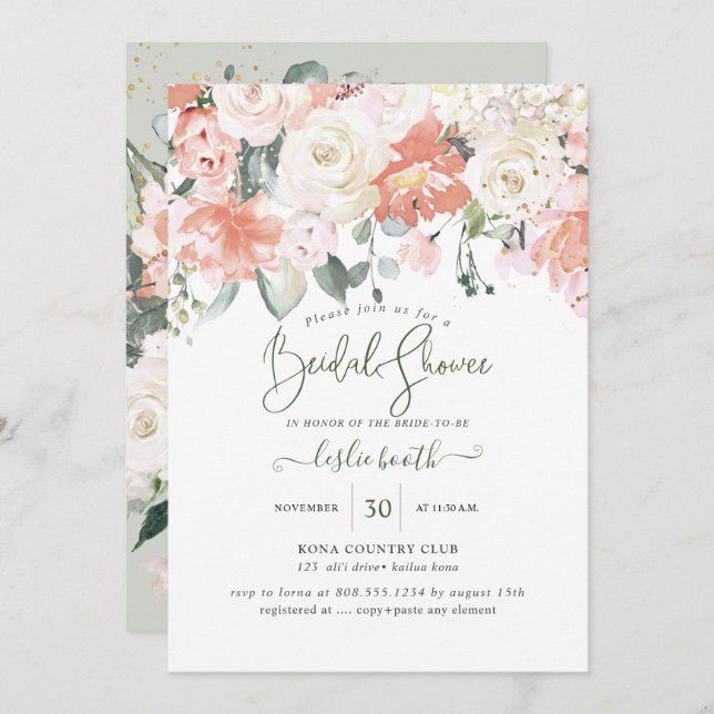 Invitation Elégante Peach Peonies Crème Roses Fête des mariée (Devant / Derrière)