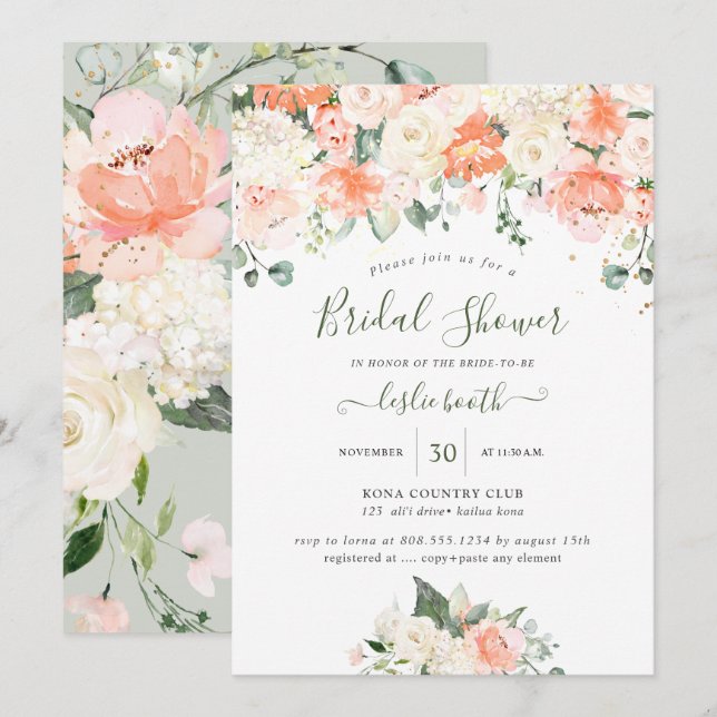 Invitation Elégante Peach Peonies Crème Roses Fête des mariée (Devant / Derrière)