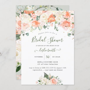 Invitation Elégante Peach Peonies Crème Roses Fête des mariée