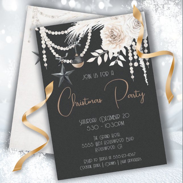 Invitation Elégante Pearl Floral Black & White Christmas Part (Créateur téléchargé)