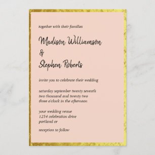 Invitation Elégante Pêche au Pinceau et Mariage d'or Faux