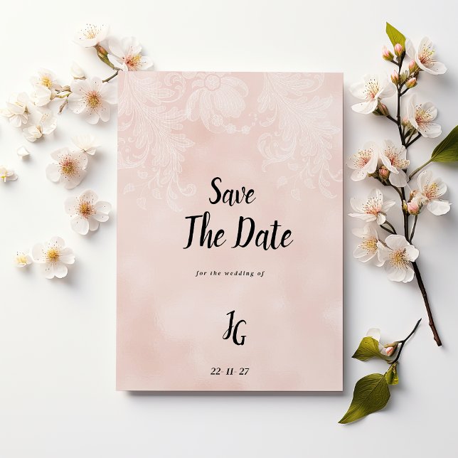 Invitation Elégante pêche blanc dentelle de fleur Enregistrer (Elegant peach white flower lace Save The Date)