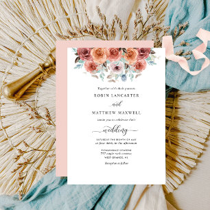 Invitation Elégante Pêche, Blush et Mariage Floral Bleu