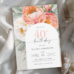 Invitation Élégante Pêche Florale Feminine 40e anniversaire<br><div class="desc">Avec son charme élégant, cette invitation à la pêche et à l'aquarelle blanche fleurie 40e anniversaire est un beau choix pour célébrer un anniversaire de jalon spécial. Il dispose d'un joli bouquet de pêches et de pivoines blanches en ivoire, d'eucalyptus et d'une verdure sur un arrière - plan vert sauge...</div>