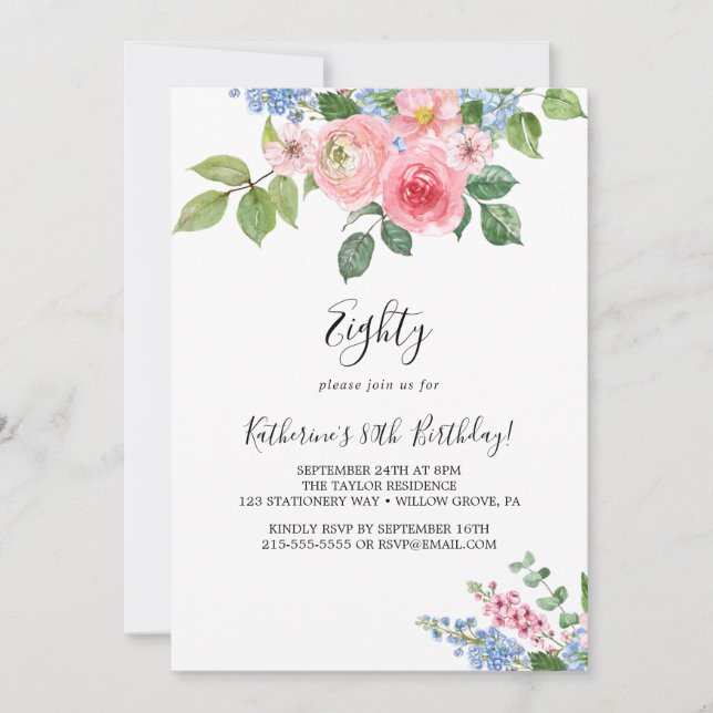 Invitation élégante peinte florale pour 80e annive (Devant)