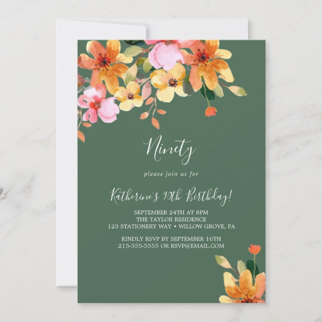 Invitation élégante peinte florale pour 90e annive (Devant)