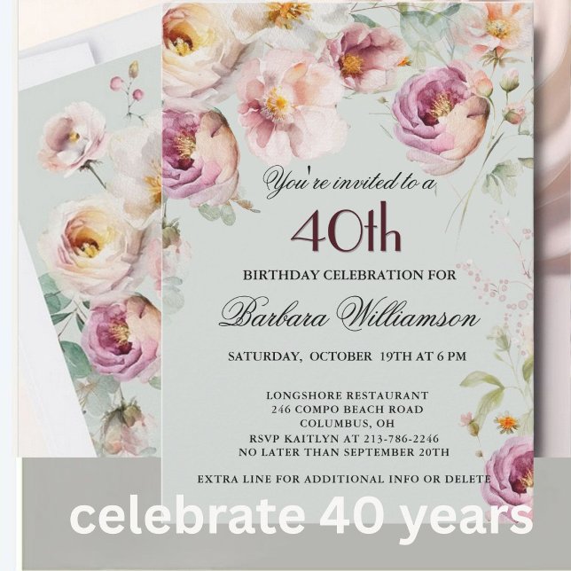 Invitation élégante peinte florale pour les 40 ans (Créateur téléchargé)