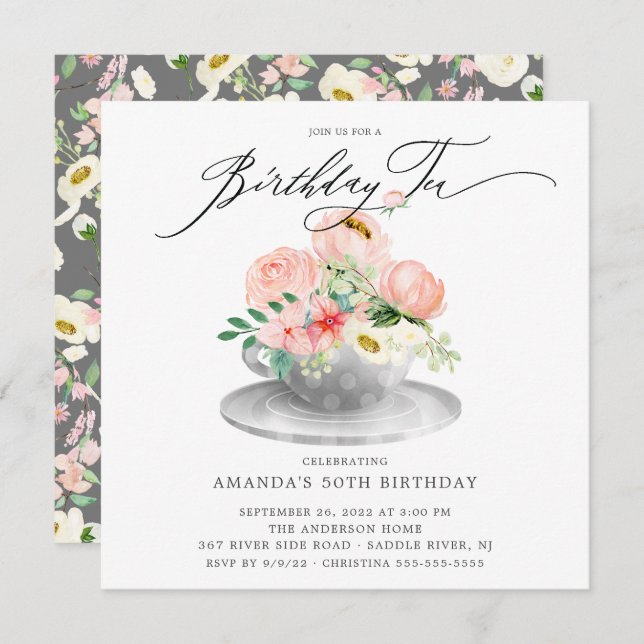 Invitation Elégante Peonies roses Floral Birthday Tea Invitat (Devant / Derrière)