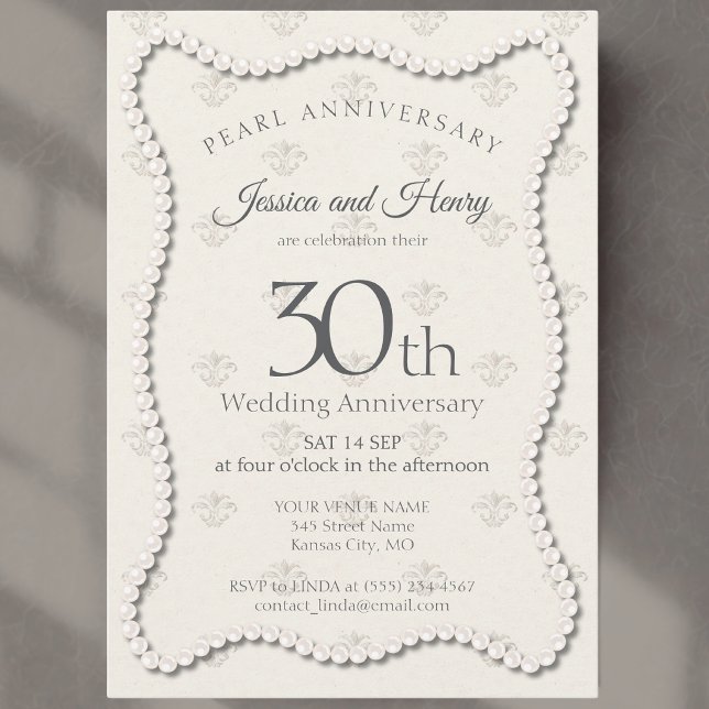 Invitation Élégante Perle 30e anniversaire de mariage damassé (Créateur téléchargé)