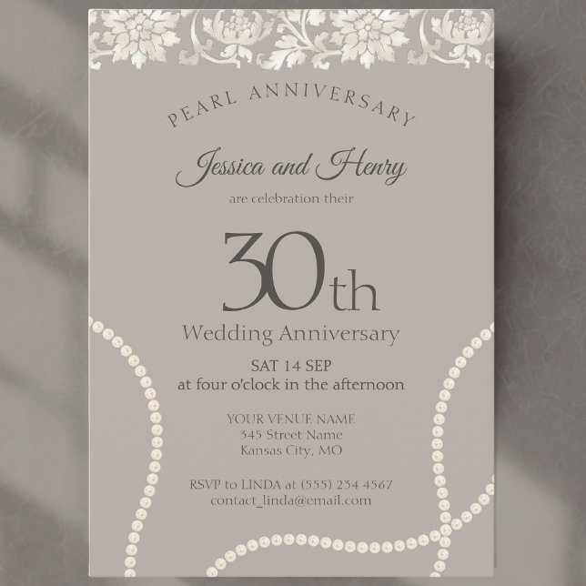 Invitation Élégante Perle 30e anniversaire de mariage taupe (Créateur téléchargé)