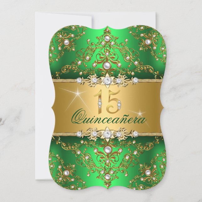 Invitation Elégante Perle Damassé Vert Quinceanera (Devant)