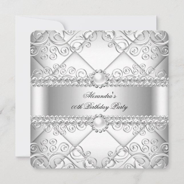 Invitation Elégante Perle d'Argent blanc Lace Pearl fête d'an (Devant)