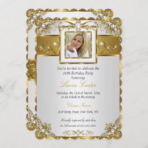 Invitation Elégante perle d'or blanc Damas photo Anniversaire