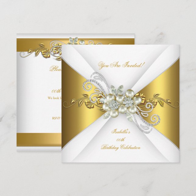 Invitation Elegante Perle Or Argent Diamant Fête d'anniversai (Devant / Derrière)