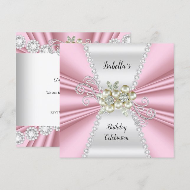 Invitation Élégante perle rose clair diamant blanc pour anniv (Devant / Derrière)