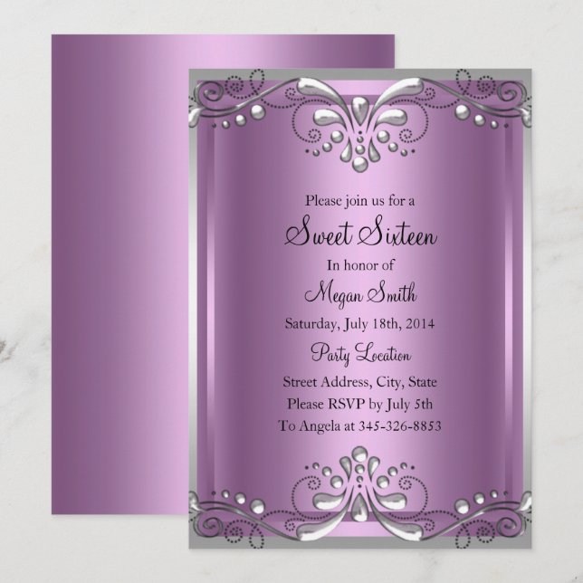 Invitation élégante perle violette pour Sweet Sixt (Devant / Derrière)