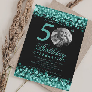 Invitation Elégante photo 50e anniversaire fête Turquoise lum
