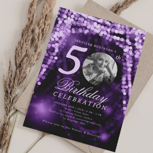 Invitation Élégante Photo 50e Anniversaire Lumières Violet Gl