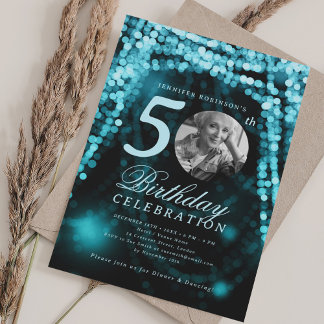 Invitation Elégante photo 50e anniversaire Turquoise Glam Lum