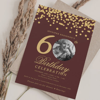 Invitation Elégante photo 60e anniversaire Gold Confetti Bour
