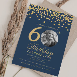 Invitation Elégante photo 60e anniversaire Gold Confetti Navy