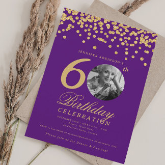 Invitation Elégante photo 60e anniversaire Gold Confetti viol
