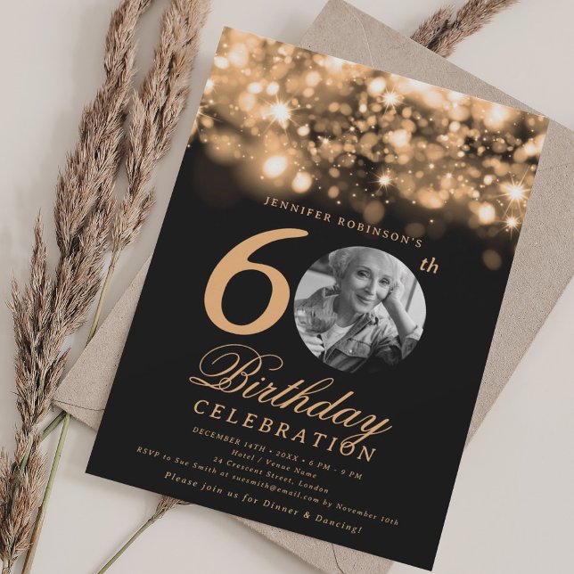 Invitation Élégante photo 60e anniversaire Gold Midnight Glam (Elegant Photo 60th Birthday Gold Midnight Glam Invitation)