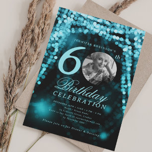 Invitation Élégante photo 60e anniversaire Lumières turquoise