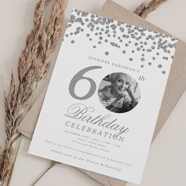Invitation Elégante photo 60e anniversaire Silver Confetti (Créateur téléchargé)
