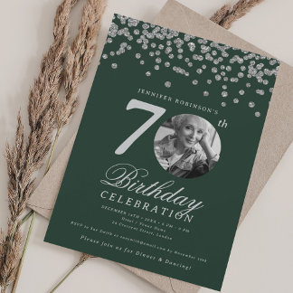 Invitation Élégante photo 70e anniversaire fête Silver Green