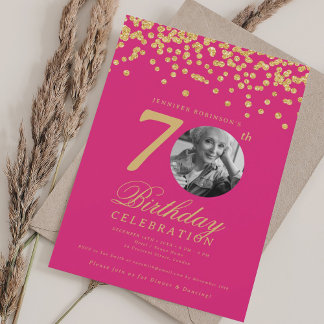 Invitation Élégante photo 70e anniversaire Gold Hot rose