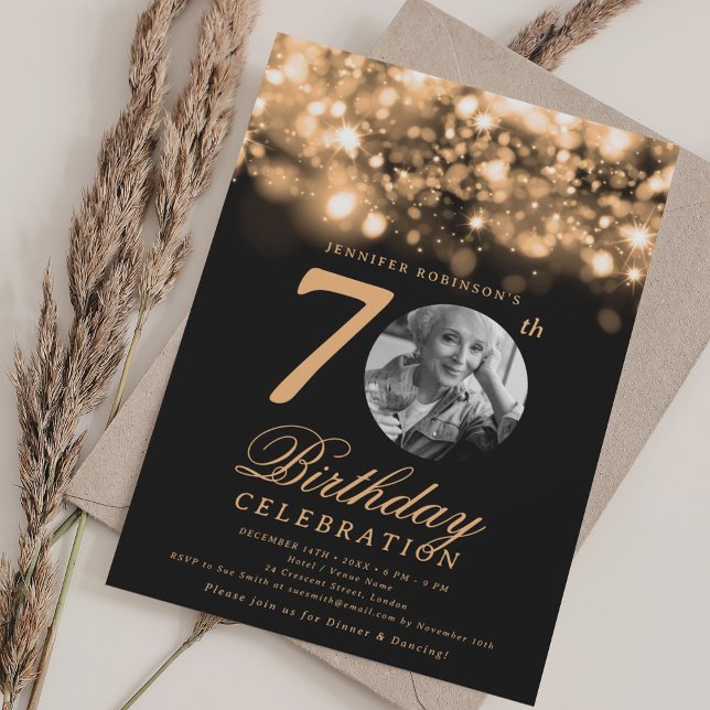 Invitation Élégante photo 70e anniversaire Gold Midnight Glam (Elegant Photo 70th Birthday Gold Midnight Glam Invitation)