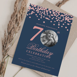 Invitation Élégante Photo 70e Anniversaire Rose Gold Navy
