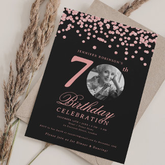 Invitation Elégante photo 70e anniversaire Rose Gold Noir