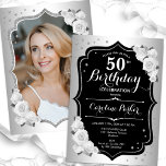 Invitation Elégante photo Argent Noir Blanc 50e anniversaire<br><div class="desc">Elégante invitation à 50e anniversaire fleurie avec votre photo au verso de la carte. Design de glam avec faux argent. Comprend des roses blanches, des caractères de script et des confettis. Parfait pour une fête anniversaire adulte élégante. Personnalisez avec vos propres détails. Peut être customisé pour n'importe quel âge !...</div>