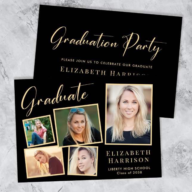 Invitation Élégante Photo Black Gold Graduation Party (Our user-friendly template makes it a breeze to upload your photos and personalize your invitation)