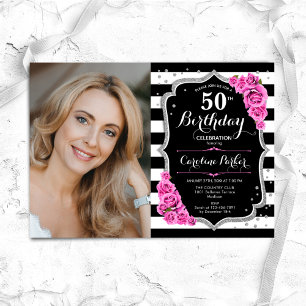 Invitation Elégante Photo Black Silver Pink 50e anniversaire