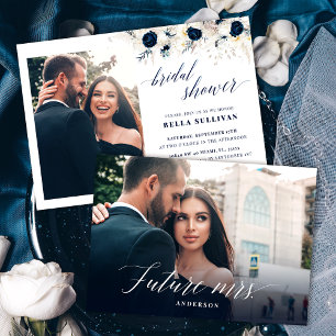 Invitation Elégante Photo Bleu Blanc Fête des mariées Florale