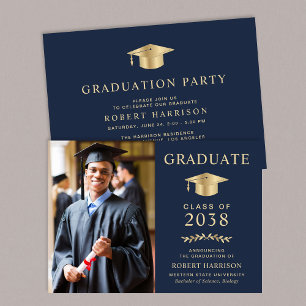 Invitation Élégante photo Blue Gold College Graduation Party