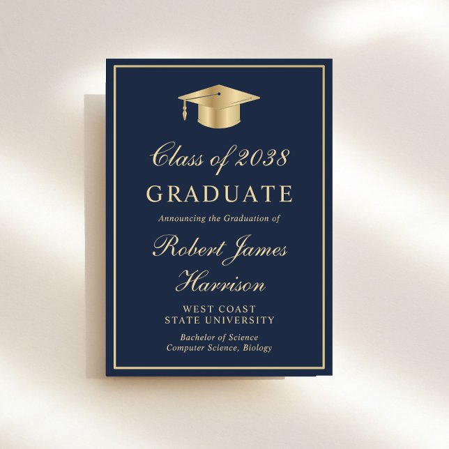 Invitation Élégante Photo Blue Gold Graduation Party (An elegant college graduation party invitation to celebrate the graduate's achievements)