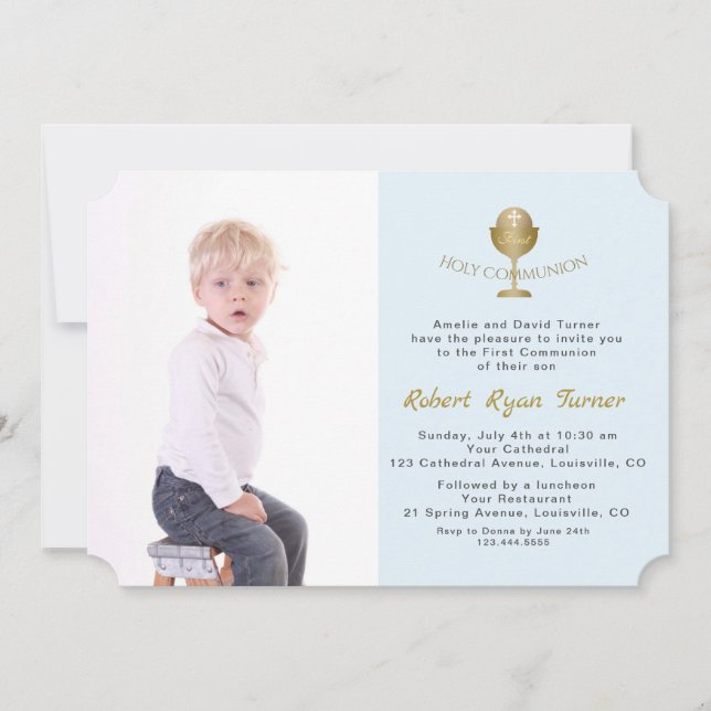 Invitation Elégante Photo Boy Gold Chalice Holy Communion (Devant)