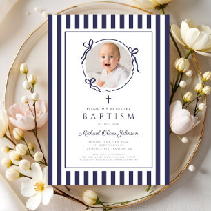 Invitation Élégante photo de baptême de garçon avec un nœud b