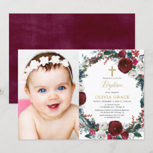 Invitation Elégante photo de baptême de Noël en or bordeaux