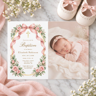 Invitation Élégante Photo de Baptême Florale avec Ruban Rose