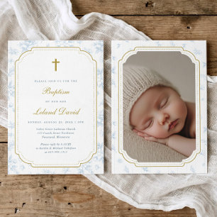 Invitation Élégante Photo de Baptême Garçon Toile Bleue Vinta
